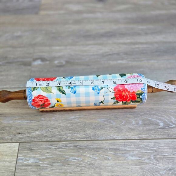 The Pioneer Woman Sweet Rose Ceramic Rolling Pin blue white check w/ floral rare - Picture 4 of 12